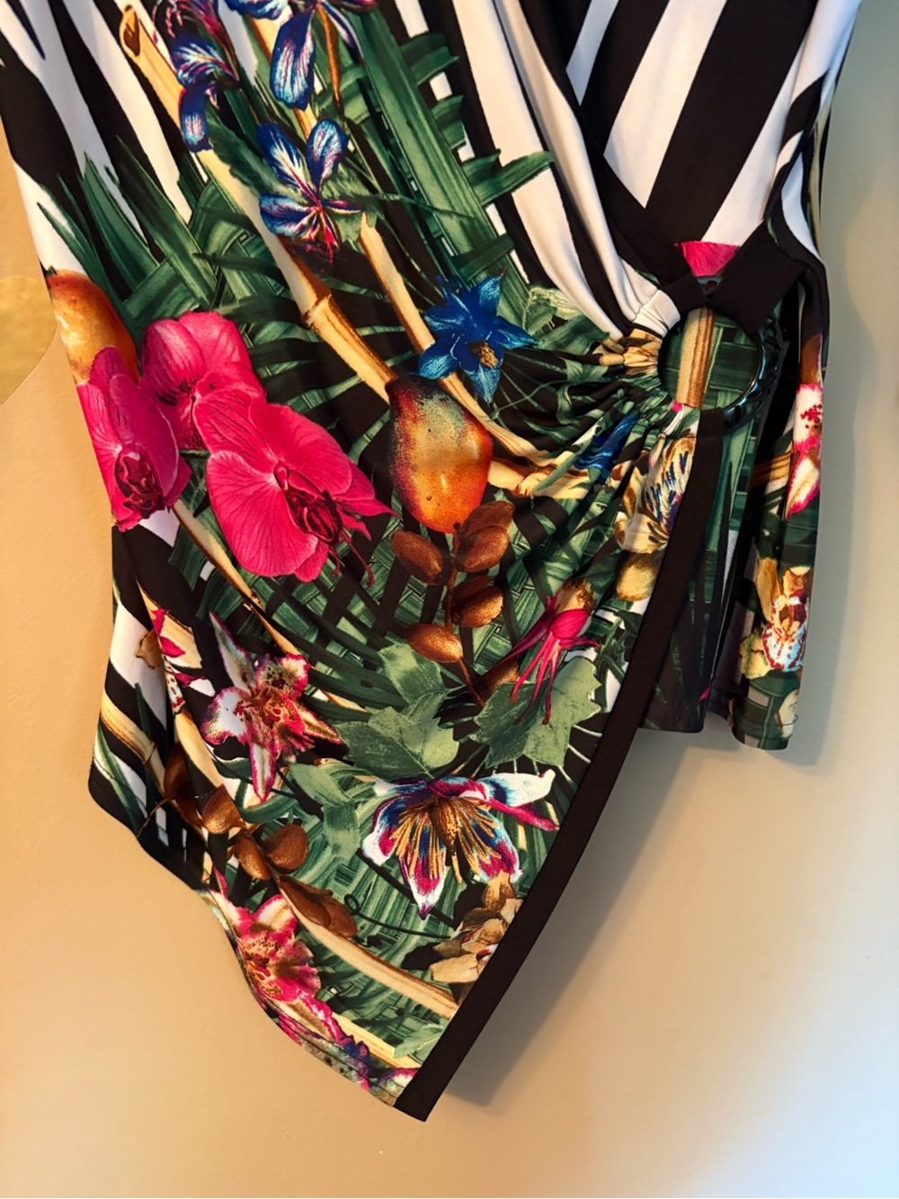 Joseph Ribkoff Asymmetrical Tropical Floral Wrap Top - Picture 5 of 9